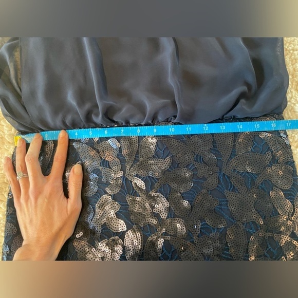 Aidan Maddox Chiffon Blouson Mini Dress Sequin Skirt Navy Blue Women’s 6 Party - Picture 9 of 11